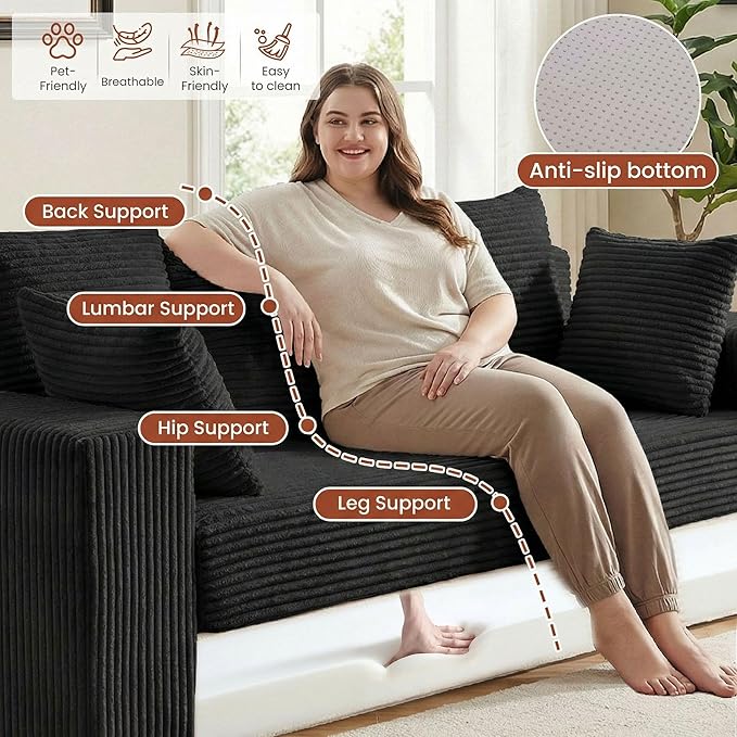 Convertible Sofa Bed, 5 in 1 Small Boneless Couch Pull Out Loveseat Sleeper Sofa,Corduroy Futon Couch Folding Mattress with 4 Pillows for Living Room (Black02, 3 Seater)