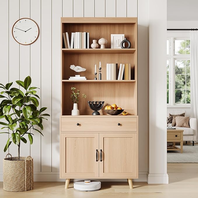 GarveeHome Tall Bookshelf with Storage Cabinet, 72.4" Wood Bookcase with Doors, Drawer & Open Shelves, Freestanding Display Bookshelves for Home Office, Living Room, Bedroom, Kitchen