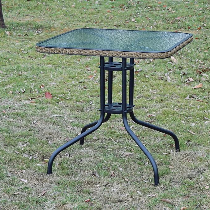 BTEXPERT Indoor Outdoor 28" Tempered Glass Trim Restaurant Aluminum Slat Stack Lightweight, 3 Metal Chairs with a Square Rattan Table, Bronze/Brown