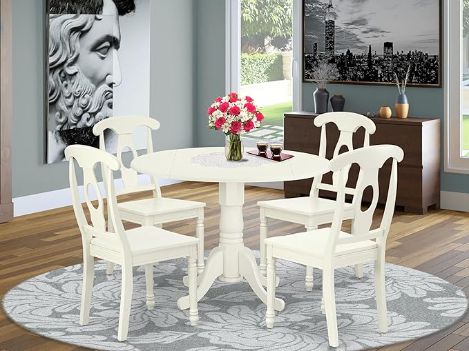 East West Furniture DLKE5-LWH-W 5 Piece Dining Room Furniture Set Includes a Round Kitchen Table with Dropleaf and 4 Dining Chairs, 42x42 Inch, Linen White