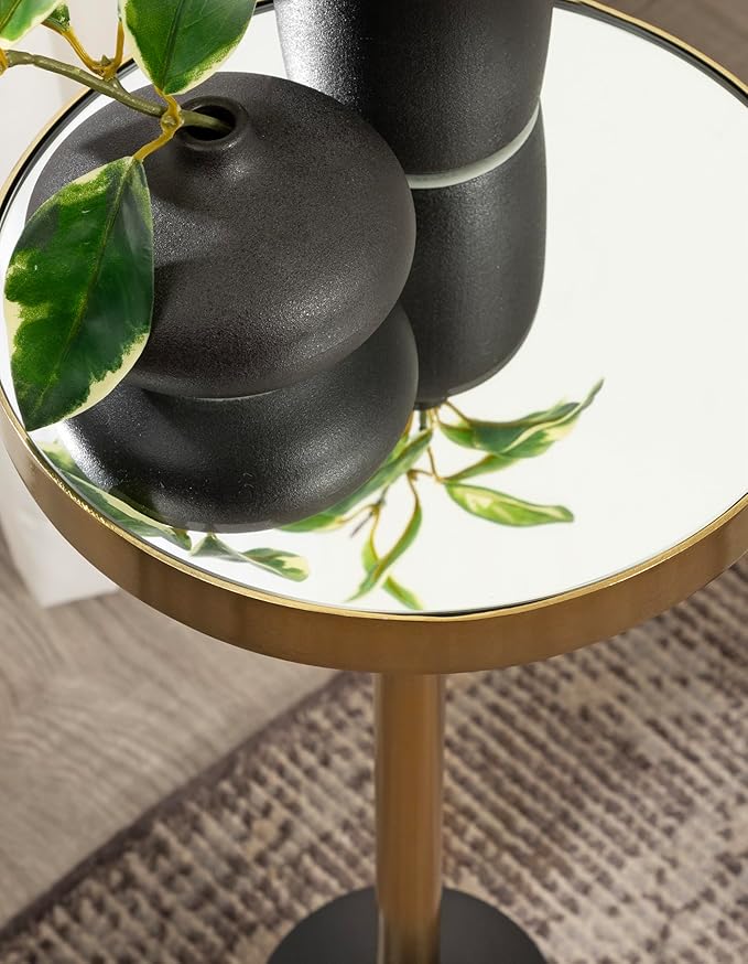 Kate and Laurel Hescott Modern Mirrored Drink Table; 10 x 10 x 24; Black and Gold; Glam Round Pedestal Table for Use as Plant Stand Indoors or Living Room Accent Table