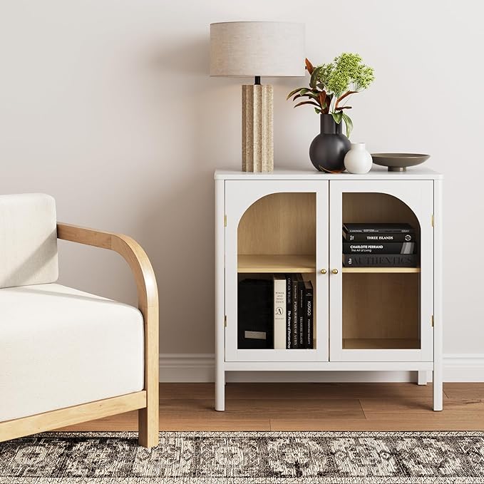 Nathan James Mason Storage Accent Cabinet Sideboard Buffet, Credenza with Glass Doors and Adjustable Shelf for Dining Room, Entryway and Living Room, Clear Glass/White/Light Oak