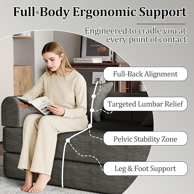 59'' Convertible Compressed Corduroy Folding Sofa Bed, Modern Boneless Pull Out Loveseat Sleeper in a Box, 4 in 1 Floor Mattress Futon Cloud Couch for Home, No Assembly Needed, Grey, 2 Pillows, Queen