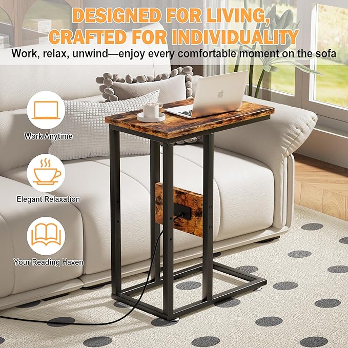 VECELO C Shaped End Table with Charging Station & Power Outlets, Quick Access Side Table for Sofa, C Bedside for Living Room Bedroom 2 Set,Brown