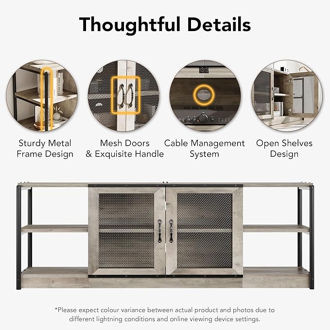 GAOMON Farmhouse TV Stand for 65/75 in TVs, Industrial TV Cabinet with 2 Mesh Doors and 4 Shelves, Vintage TV Console for Living Room, Bedroom, Grey, 71 in
