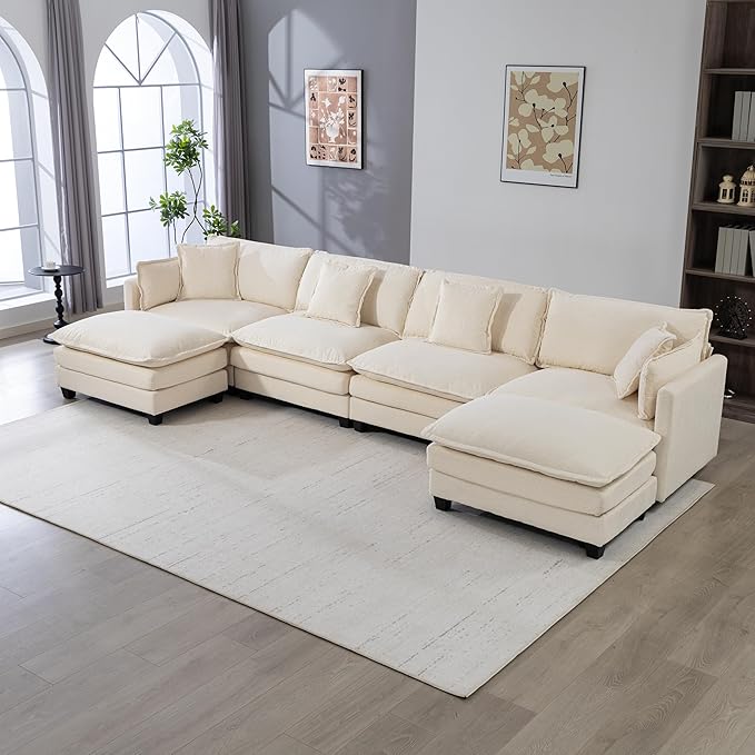 Eafurn 150" Oversized Modular Sectional Sofa with Movable Ottomans, 6 Seat Modern Corduroy Sofa Set, Convertible U/L Shaped Corner Couch for Living Room Apartment