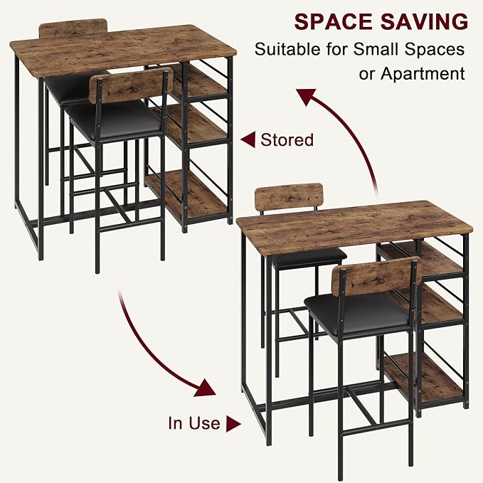 IDEALHOUSE Dining Table Set for 2, Counter Height Kitchen Table and Chairs, Bar Table Set with 2 Upholstered Bar Stools, 3 Piece Dining Room Table Set for Small Space, Apartment, Retro Brown