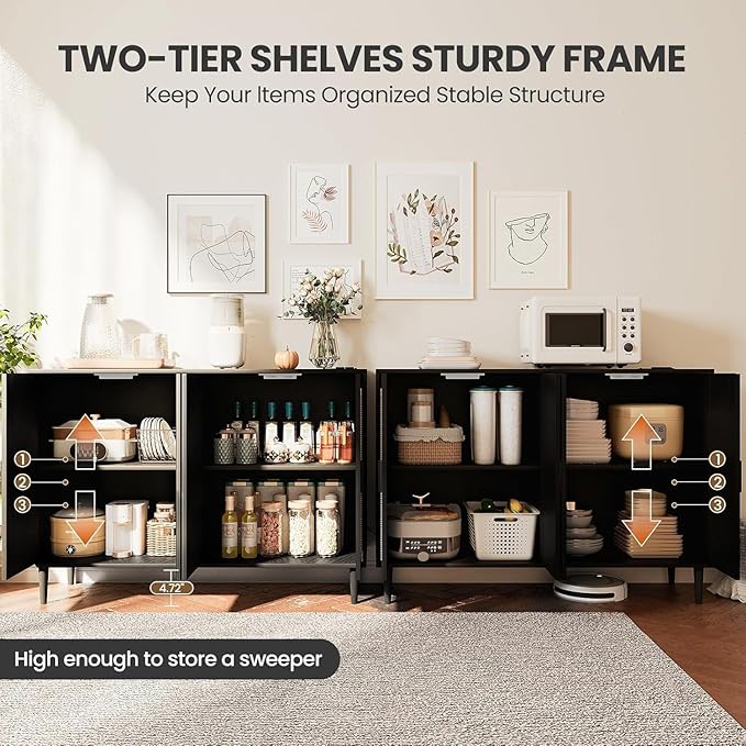 Rattan Sideboard Buffet Cabinet, Boho Accent Storage Cabinet, 4 Doors Console Table Coffee Bar with Power Outlet, Adjustable Shelves for Kitchen, Dining Room, Hallway, Living Room
