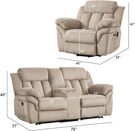 CANMOV Recliner Sofa Set,2 Oversize Power Lift Recliner Chair and Manual Loveseat with Overstuffed Armrest for Living Room,Bedroom Furniture,Office,1+1+2 Seat Light Brown