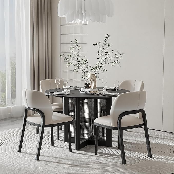Casaphoria 46" Dining Table for 4, Wood Kitchen Table with Scratch-Resistant Top & Rattan Base, Modern Farmhouse Round Small Table for Living Room, Kitchen, Easy Assembly, Black (Chairs not Included)