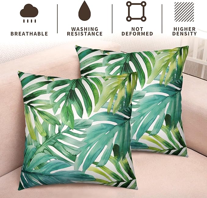 Green Tropical Leaves Outdoor Throw Pillow Covers Summer Palm Leaf Pillow Covers 20x20 Set of 2 Monstera Plant Pillow Cases Modern Farmhouse Cotton Linen Cushion Cover for Couch Sofa
