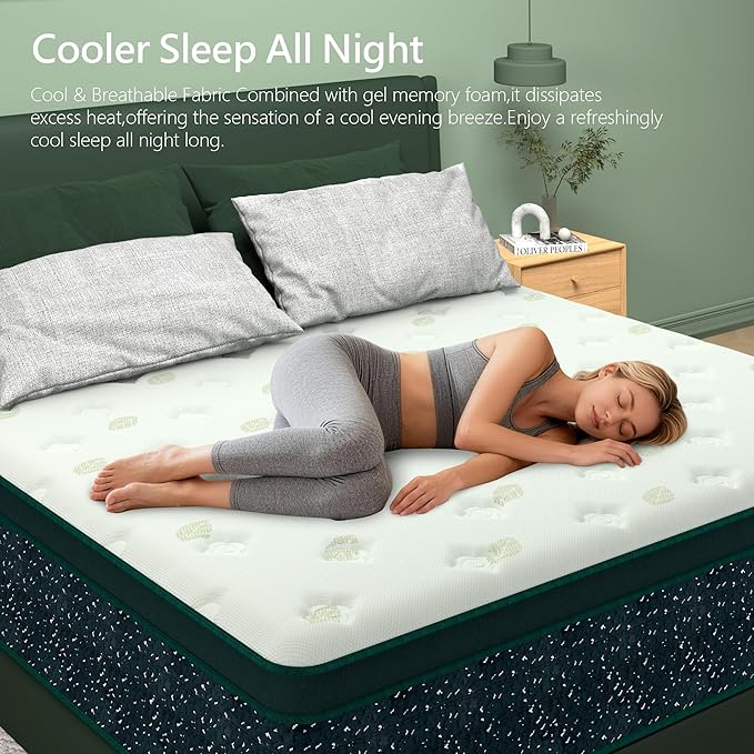 14 inch Queen Mattress,Hybrid Mattress in a Box,Queen Size Gel Memory Foam Mattress Individually Pocket Springs Pressure Relief & Motion Isolation CertiPUR-US Certified,Green