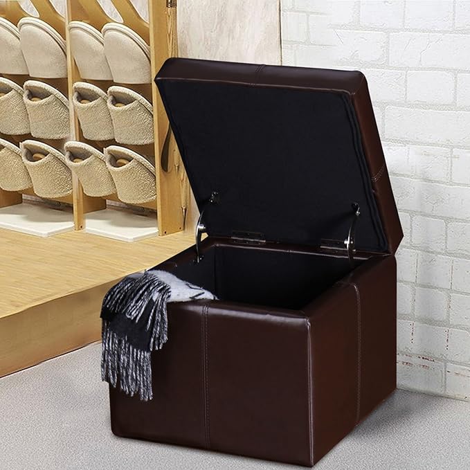 Adeco Modern Faux Leather Cube Storage Ottoman Bench with Hidden Storage, Comfortable Footrest Ottoman for Living Room, Bedroom, Entryway - Brown, 17.7" x 17.7" x 15