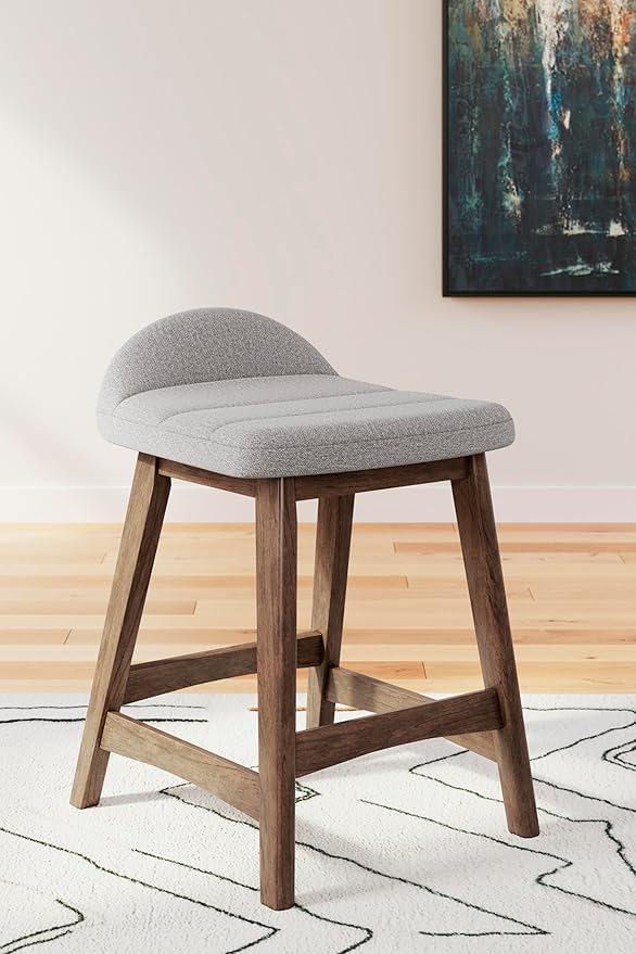 Signature Design by Ashley Lyncott Contemporary Counter Height Upholstered Bar Stool with Foam Cushion, Set of 2, Fabric Upholstery, 24.25", Light Gray & Brown