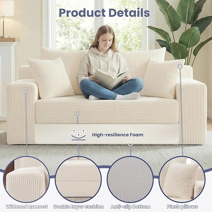 3-in-1 Convertible Sofa Bed: Boneless Loveseat Sleeper & Folding Couch Bed with 4 Pillows & Detachable Cushion for Bedroom, Small Space, Guest and Living Room, Corduroy Futon, No Assembly,Beige