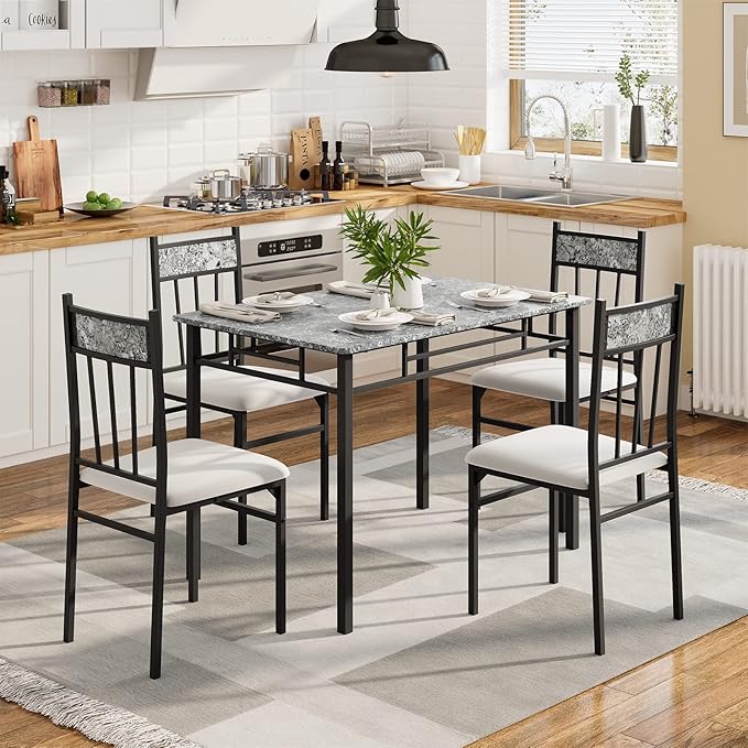 NAFORT 5 Piece Dining Table Set for 4, Faux Marble Kitchen Table and Chairs Set of 4, Vintage Rectangular Dining Room Table with Cushion Padded Seat, Metal and Wood Dining Set Kitchen Furniture, Grey