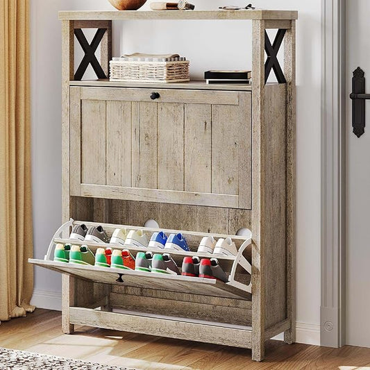 YITAHOME Shoe Cabinet with 2 Flip Drawers, Entryway Shoe Storage Cabinet with Open Shelves, Free Standing Hidden Shoe Rack Storage Organizer for Entryway/Hallway/Closet, Old Oak