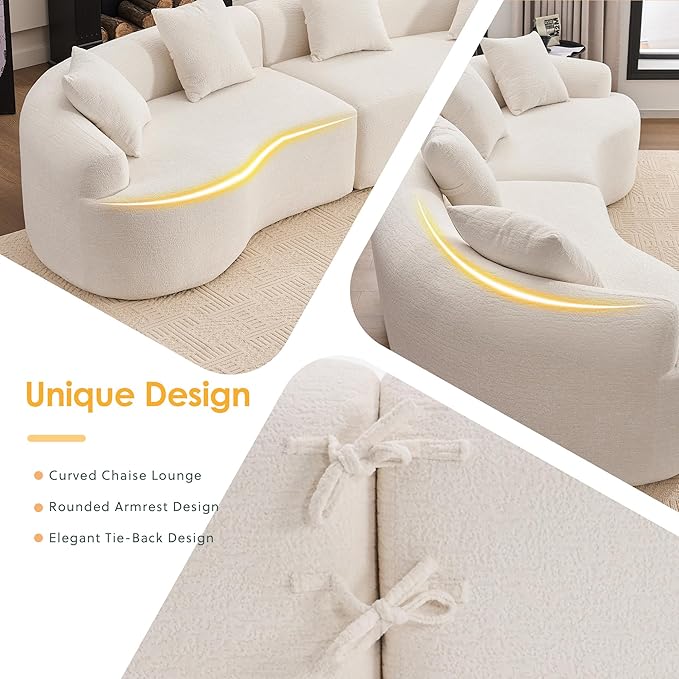 110" Oversized Cloud Sectional Sofa Modern Curved Boneless Couches for Living Room, 4-Seater Extra Deep Seat Foam Floor Compressed Couch w/Tight Backrest and 4 Pillows,Chenille Sofa & Couches | Breathable material, Non-slip, No Assembly Required