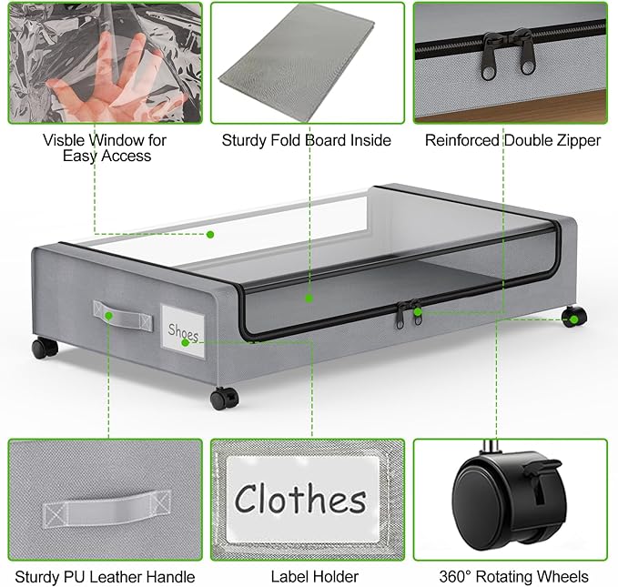 Under Bed Storage with Wheels, 4 Pack Under bed Storage Containers with Clear Lids & Zippers, Under Bed Shoe Storage Organizer, Rolling Underbed Storage for Clothes, Shoes, Blankets (Grey)