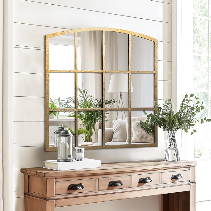 Hand-Forged Gold Window Pane Mirror, 36 Inch Wide Window Mirror, Metal Frame Arched Decorative Mirrors, Antique Grid Wall Mirrors for Living Room, Bedroom, Entryway
