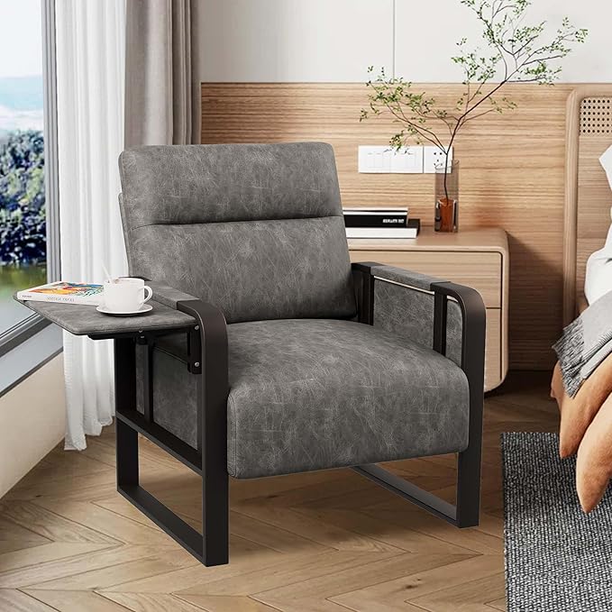 Modern PU Leather Accent Chairs Set of 2 Upholstered Armchairs with Side Table Leisure Side Chairs for Living Room Bedroom Office Grey