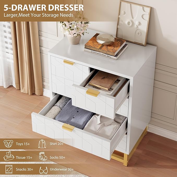 GAOMON White 5 Drawer Dresser for Bedroom, Chest of Drawers with Metal Base, Modern Dresser Chest Cabinet Organizer for Living Room, Hallway, Closet