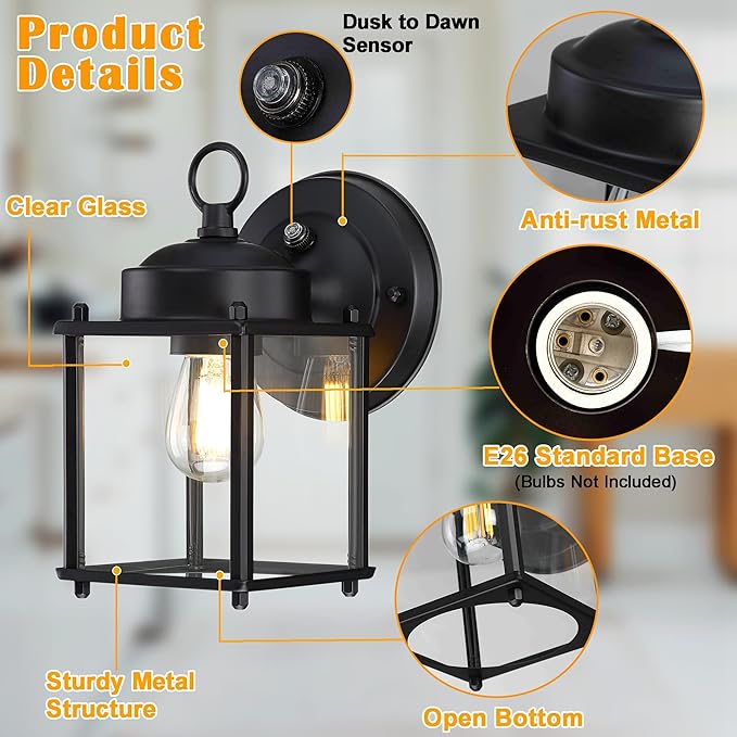 Dusk to Dawn Outdoor Wall Lantern, Exterior Waterproof Sconces Lighting Wall Mount, Front Porch Light, Anti-Rust Metal Outside Light Fixtures with Clear Glass, Matte Black, 2-Pack