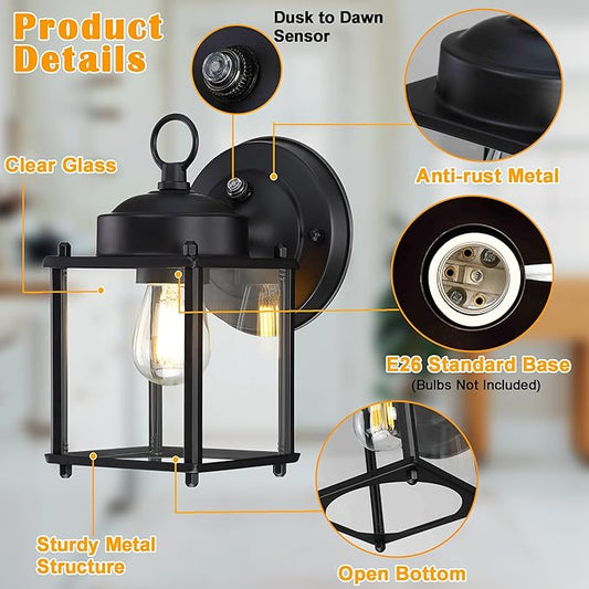 Dusk to Dawn Outdoor Wall Lantern, Exterior Waterproof Sconces Lighting Wall Mount, Front Porch Light, Anti-Rust Metal Outside Light Fixtures with Clear Glass, Matte Black, 2-Pack