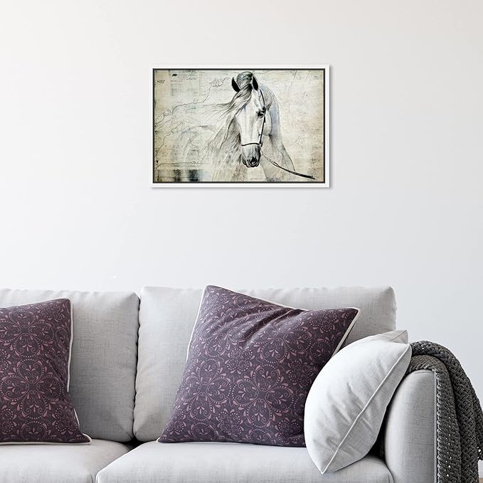 Country Farmhouse Canvas Print Painting Animal Wall Art 'Southern White Horse' White Framed Canvas Rustic Home Décor 15x10 in Gray, Brown by Oliver Gal