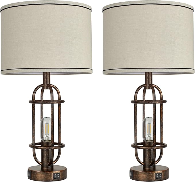 Table Lamps for Living Room Set of 2, 22.3" Farmhouse Lamps for Nightstand, Industrial Table Lamps for Bedroom with USB Ports, Retro Bronze