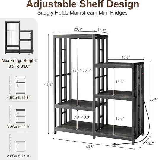 Mini Fridge Stand Coffee Bar Cabinet Station With Small Refrigerator Insert Storage Space, Shelf Organizer For Dorm Microwave To Sit On, Grey Baker Rack With Power Outlet, Big Table To Go Over Fridge