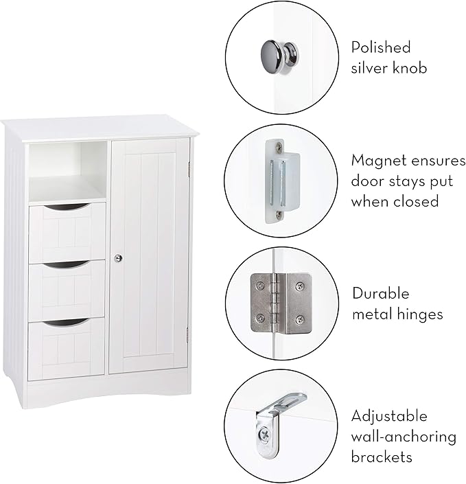 RiverRidge Ashland Bathroom Storage Cabinet with 3 Drawers, Adjustable Shelf & Beadboard Styling - White Bathroom organizer - Freestanding Storage Cabinet