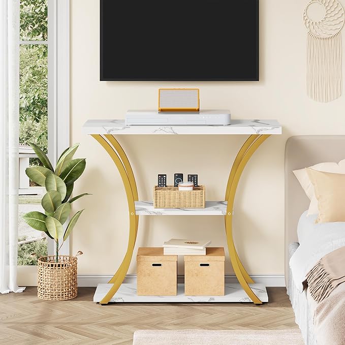 Hoctieon 3 Tier Console Table with Open Wood Shelves, Decorative Entryway Table with Curved Metal Frames, Narrow Sofa Table for Entrance, Living Room, Hallway, Gold and White Marbled