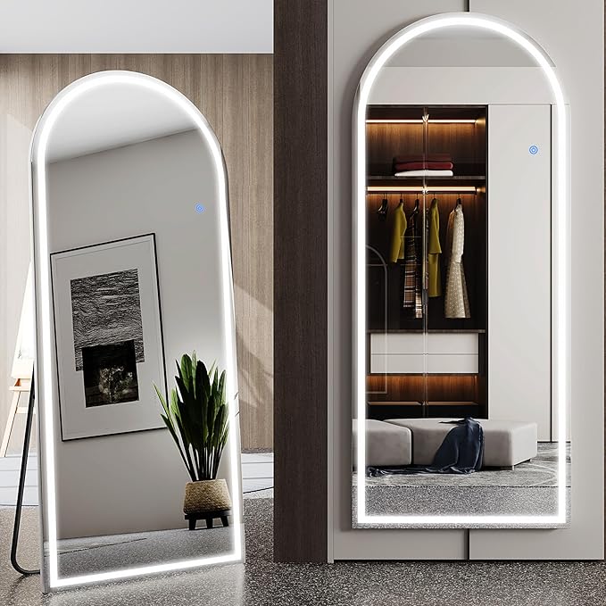 Antok LED Full Length Mirror with Light, 59"x22" Lighted Full Body Mirror with Stand, Dimmable & 3 Color Lighting Standing/Leaning/Wall Mounted Vanity Mirror for Bedroom Cloakroom Livingroom(Arched)