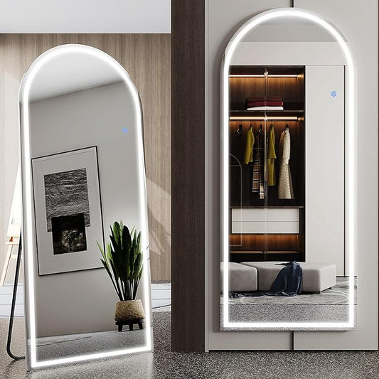 Antok LED Full Length Mirror with Light, 59"x22" Lighted Full Body Mirror with Stand, Dimmable & 3 Color Lighting Standing/Leaning/Wall Mounted Vanity Mirror for Bedroom Cloakroom Livingroom(Arched)