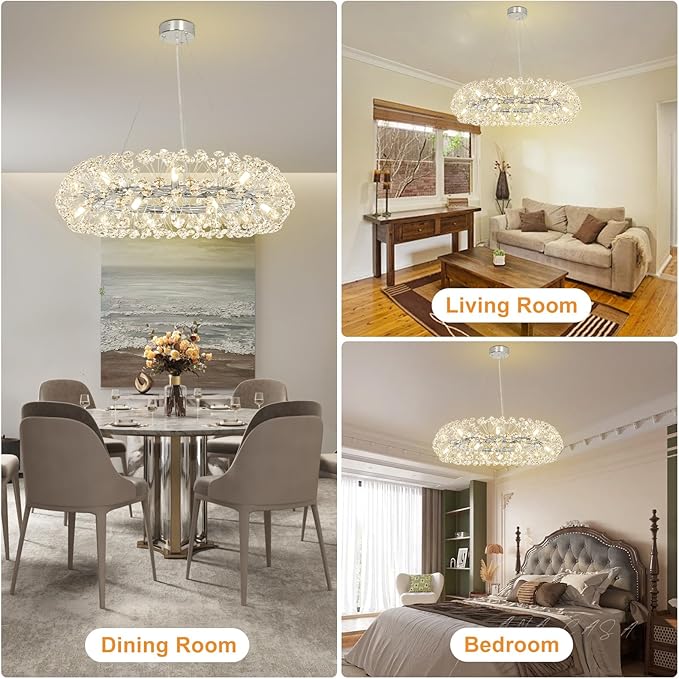 Depuley 20-Light Modern Silver Crystal Chandelier, 26.8" Firework Crystal Ring Chandeliers, Round Dandelion Chandelier, Sputnik Ceiling Pendant Light Fixtures for Dining Room(G9 Bulbs Included)