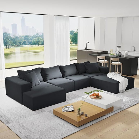 Oversized Boneless Modular Sectional Sofa Cloud Couch for Living Room - Convertible 6 Seater Chenille Couches Set with Ottoman, No Assembly Floor Compression Sofa with Memory Foam | Deep Seat, Wider Armrest, Free Combination