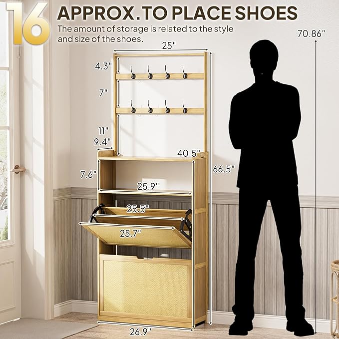 Shoe Cabinet with 2 Rattan Flip Drawers，Bamboo Shoe Storage Cabinet with Coat Hooks, Freestanding Shoe Cabinet Storage for Entryway,Hallway, Closet, Living Room,Natural
