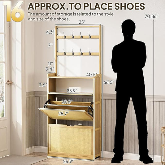 Shoe Cabinet with 2 Rattan Flip Drawers，Bamboo Shoe Storage Cabinet with Coat Hooks, Freestanding Shoe Cabinet Storage for Entryway,Hallway, Closet, Living Room,Natural