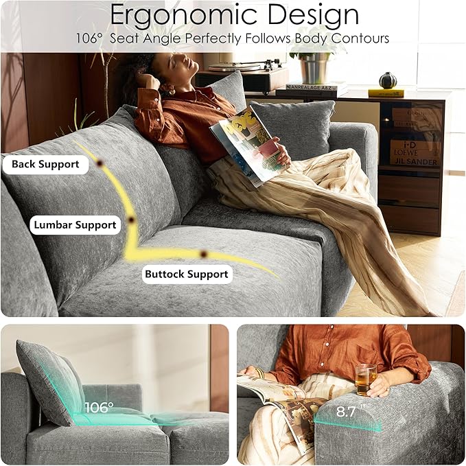 LINSY HOME Cloud Couch Sectional, Modular Sofa Sectionals for Living Room Bedroom, 91" 2 Seater Love Seat Couch, Deep Seat Cozy Couch Luxury Chenille Sofas, Grey