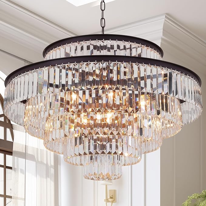 6-Tier Large Gold Crystal Chandeliers 31" Modern Luxury Chandeliers for Staircase K9 Crystal High Ceiling Chandelier 17-Light Round Hanging Pendant Light Fixture for Living Room Entryway Foyer