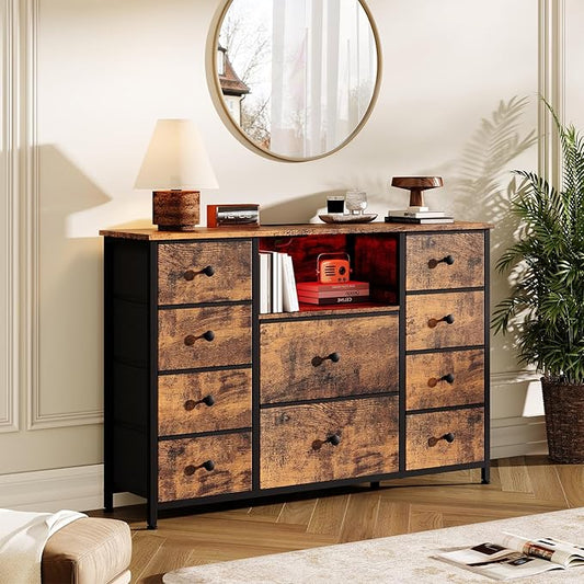Dresser for Bedroom with 10 Drawers, Storage Organizer TV Stand for 55" TV with LED Lights and Sockets, Fabric Chest of Drawers with PU Finish for Kid Room, Living Room, Hallway, Brown