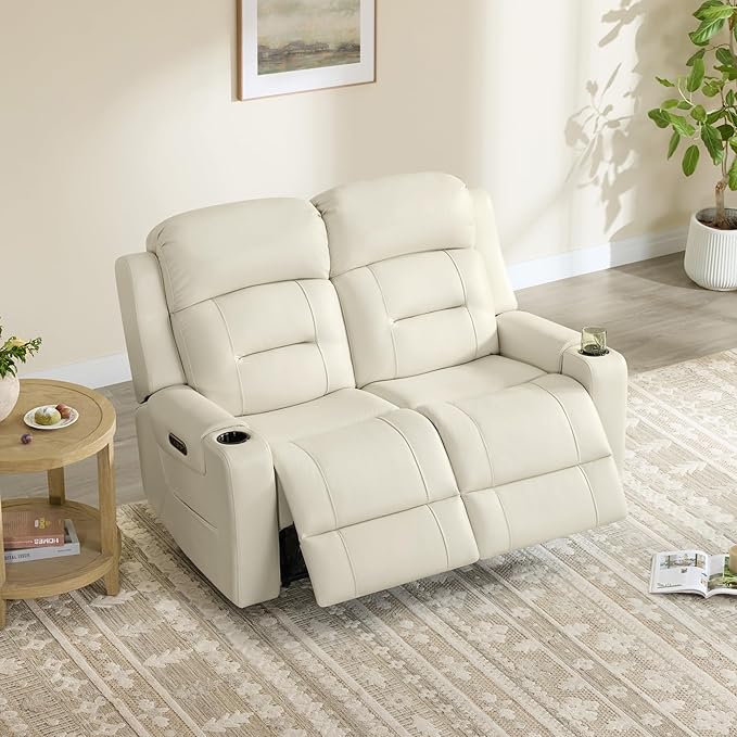 Watson & Whitely Genuine Leather Power Loveseat Recliner Sofa, Lay Flat Loveseat Reclining Sofa with Power Headrest, Cup Holders, USB & Type-C Ports, Dual Recliners for Living Room, Cream