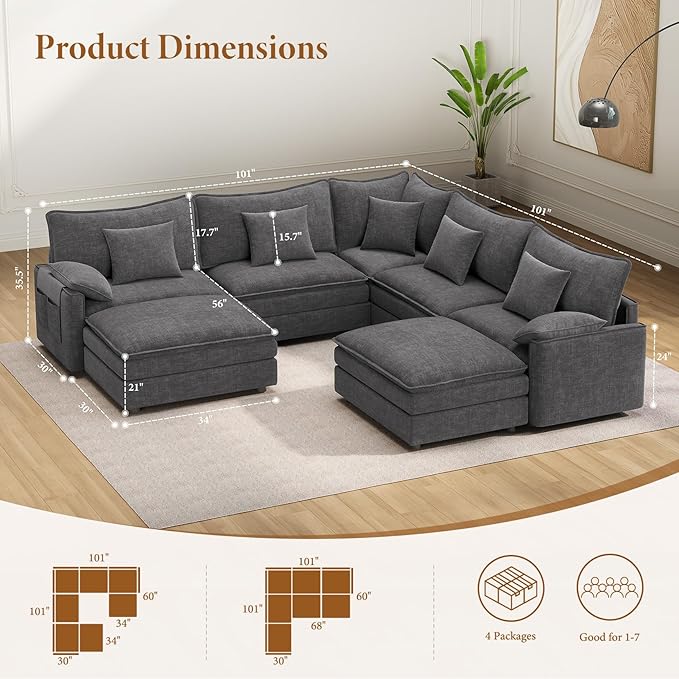Vesgantti 101" V-Shaped Corner Couch Sectional, 7 Seat Customizable Modular Cloud Couches with Movable Ottoman, Chenille Deep Seat Sofa Set with Chaise for Living Room, Bedroom and Apartment, Gray | Sink-in Comfort, Height Adjustable, Easy Rearrangemen...