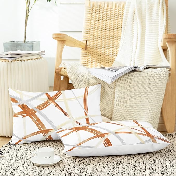 CaliTime Throw Pillow Cases Pack of 2 Cozy Fleece Arc-Shaped Abstract Geometric Lines Decorative Cushion Covers for Couch Bed Sofa Farmhouse Decoration 12 X 20 Inches Burnt Orange Light Gold Grey