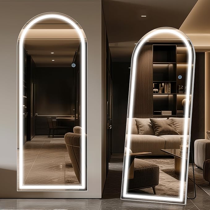 Antok LED Full Length Mirror with Light, 59"x22" Lighted Full Body Mirror with Stand, Dimmable & 3 Color Lighting Standing/Leaning/Wall Mounted Vanity Mirror for Bedroom Cloakroom Livingroom(Arched)