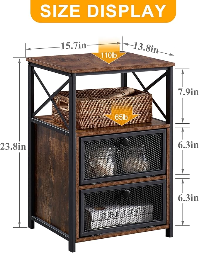 VECELO Nightstand Set of 2, End Table with Flip Drawer, Modern Night Stand for Bedroom,Living Room, Office, Easy Assembly, Walnut Brown