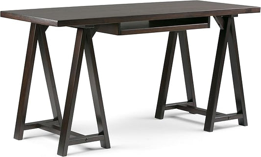 SIMPLIHOME Sawhorse Desk - 60 Inch Wide Solid Wood Writing Desk in Dark Chestnut Brown, Modern Industrial Home Office Computer Table for Workspace with Sawhorse Base and Integrated Keyboard Tray