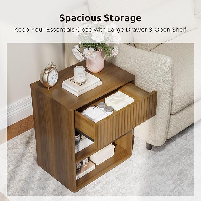 Nightstand Bedside Table Storage Drawer - Large Mid Century Modern Night Stand with Fluted Wood Storage Drawer and Open Shelf Bed Side Table for Bedroom Study Room, Walnut Brown, Set of 1