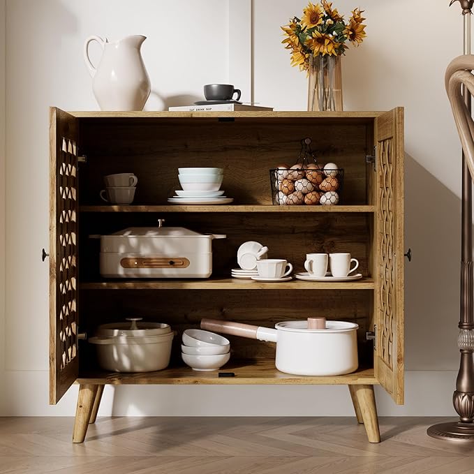 Vintage 2-Door Storage Cabinet, Basket Weave Wooden Doors, Kitchen Sideboard with Adjustable Shelves, Coffee Bar Cabinet for Living Room, Hallway, Entryway, Dining Room, Natural Wood Color